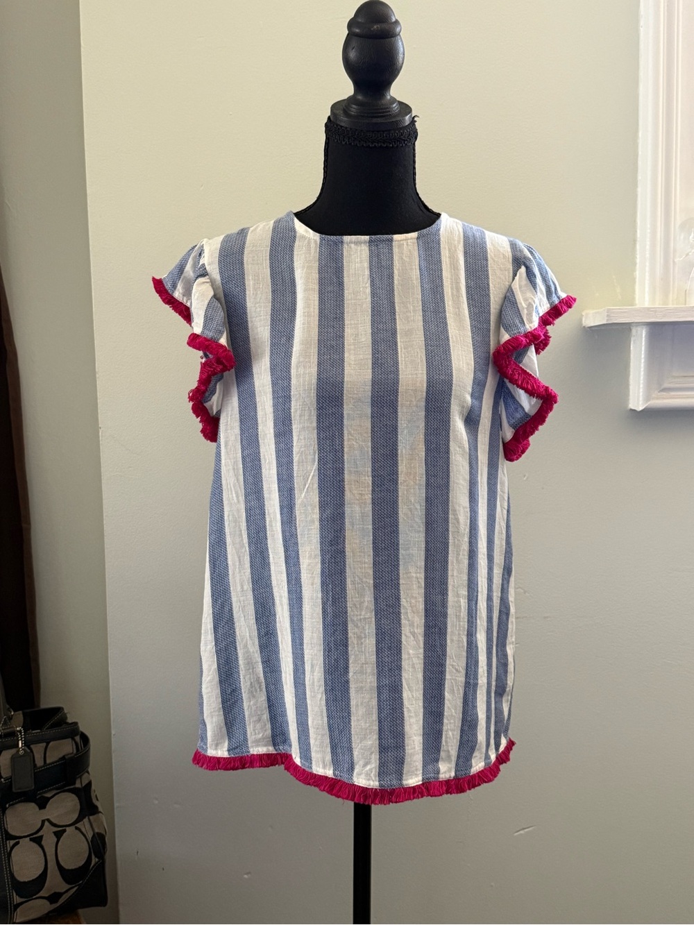 THML Blue and White Striped Dress with Pink Fringe